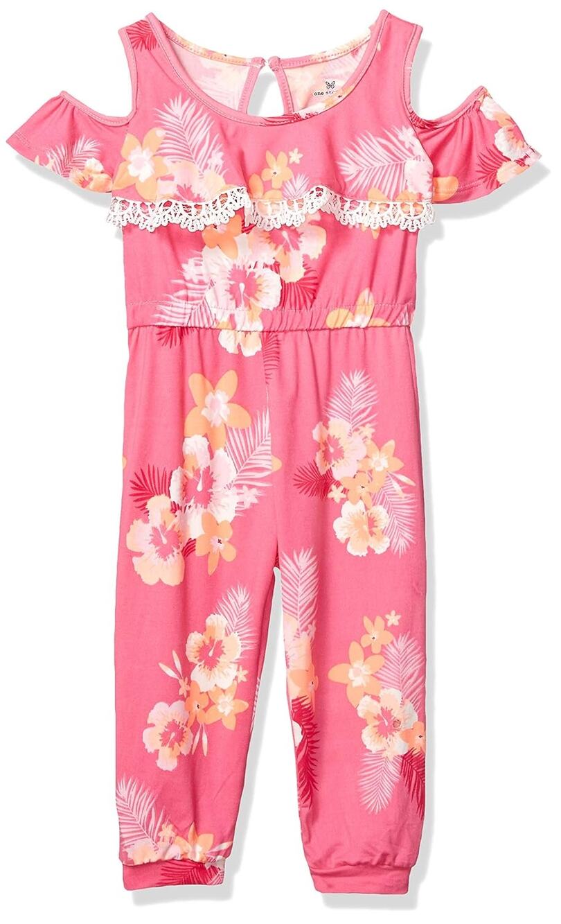 One Step Up Girls Pink Floral Cold Shoulder Jumpsuit Romper Youth Size Small 4